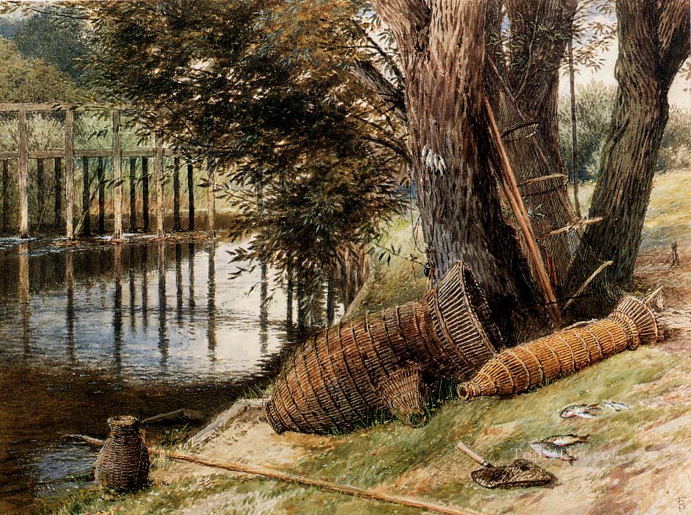 Eel Pots On The banks Of A River scenery Victorian Myles Birket Foster Oil Paintings